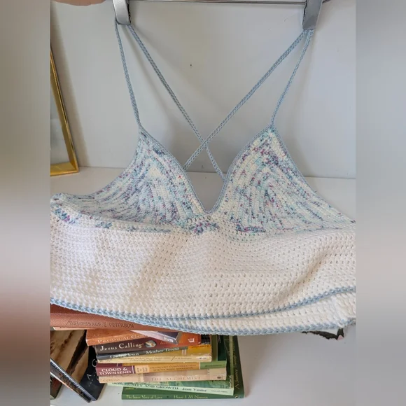 Handmade Crocheted Bralette Tank Top Cropped Blue White Speckle Sz Medium - Picture 8 of 10